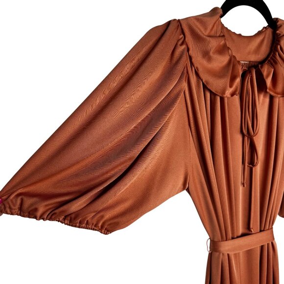 VTG 1970s Sz XL Copper Puff Sleeve Flowy Blouson Dress Peter Pan Collar & Belt - Picture 4 of 9
